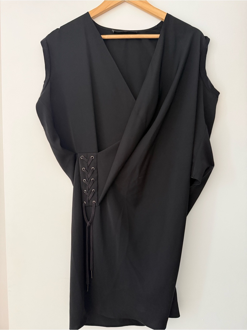 ALLSAINTS Sleeveless Black Wrap Dress with Lace-Up Detail